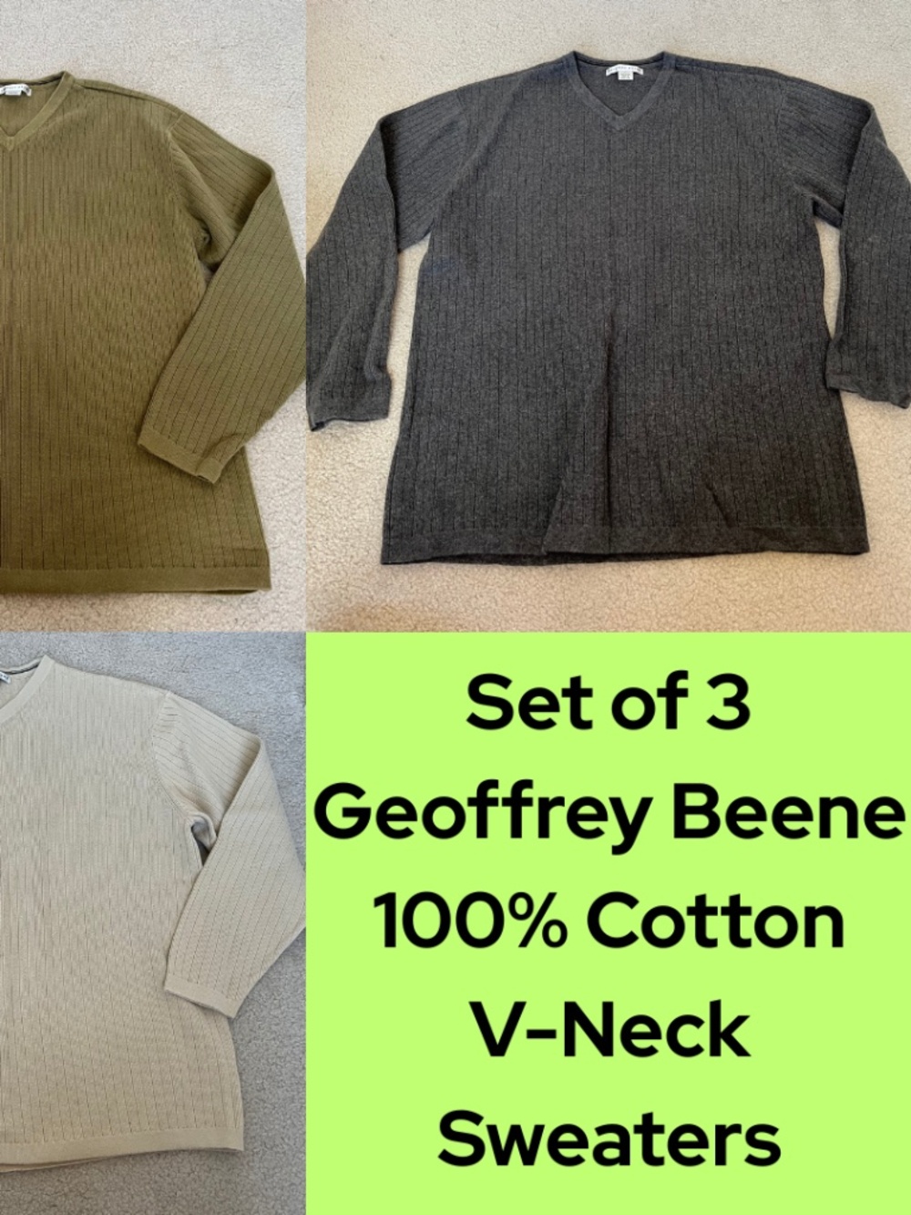 SET OF 3 Geoffrey Beene Men's Pullover V-Neck Sweaters, Size Large, 100% Cotton